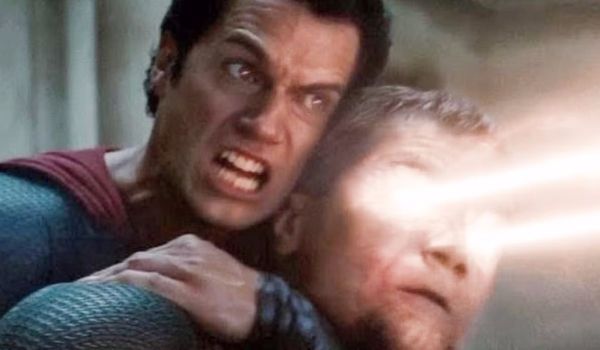 Movie still of Henry Cavill as Clark Kent/Kal-El and Michael Shannon as General Zod in Man of Steel (2013) killing controversy