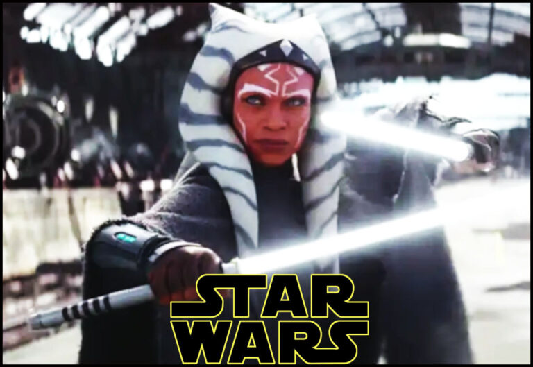 Screen capture of the Star Wars: Ahsoka trailer starring Rosario Dawson holding two white bladed lightsabers