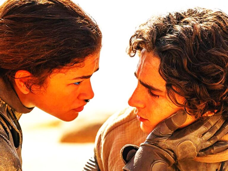 Movie still of Zendaya as Chani and Timothée-Chalamet as Paul Atreides in Dune: Part Two (2023)