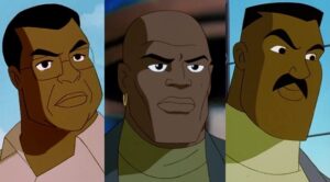 Still of Superman: The Animated Series John Henry Irons / Steel (Michael Dorn), Ron Troupe (Dorian Harewood) and Professor Felix (Ernie Hudson) 