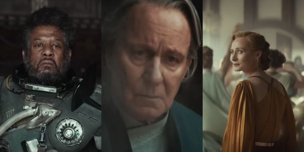 Television still of Forest Whitaker as Saw Gerrera, Stellan Skarsgård as Luthen Rael, Genevieve O'Reilly as Mon Mothma in the Andor: A Star Wars Story