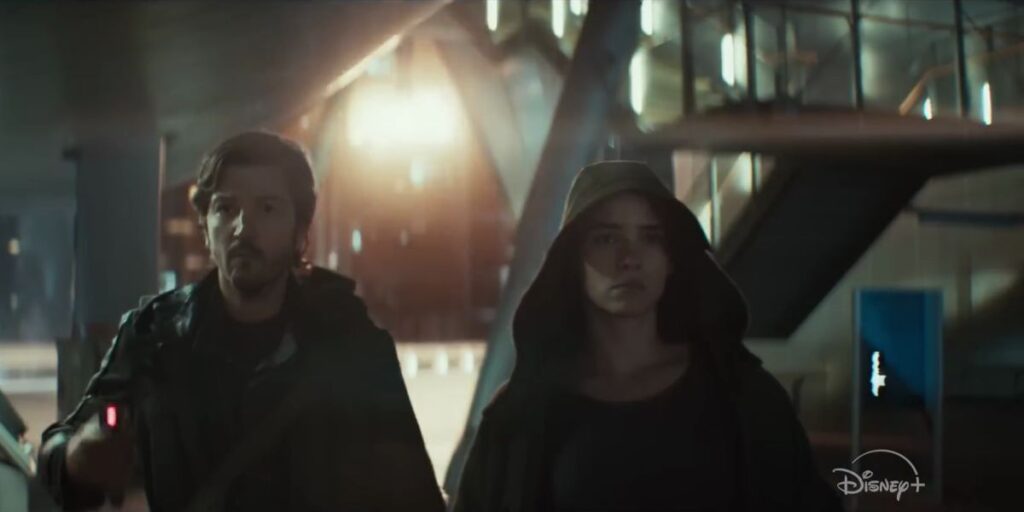 Television still of Diego Luna as Cassian Andor and Adria Arjona as Bix Caleen in the Andor: A Star Wars Story