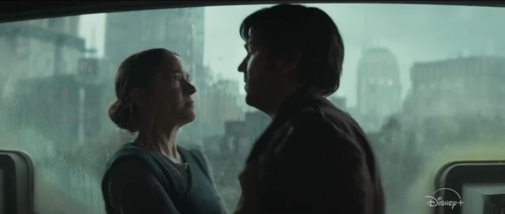 Television still of Elizabeth Dulau as Kleya Marki and Diego Luna as Cassian Andor in the Andor: A Star Wars Story