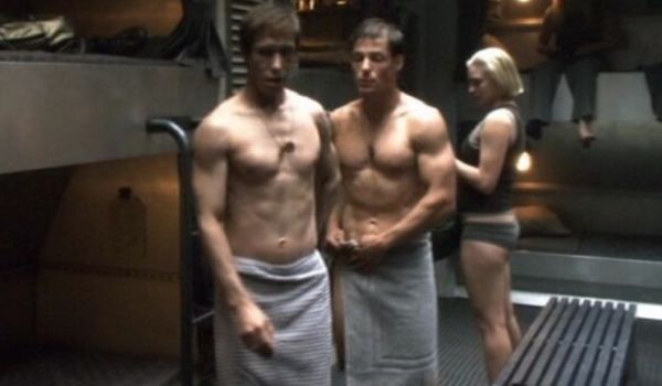 Television still of Jamie Bamber as Cpt. Lee 'Apollo' Adama and Katee Sackhoff as Lt. Kara 'Starbuck' Thrace locker room in the Battlestar Galactica