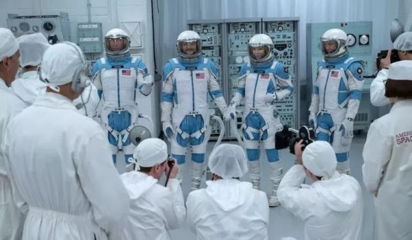 Movie still of Ebon Moss-Bachrach as Ben Grimm / Thing and Pedro Pascal as Reed Richards / Mister Fantastic and Vanessa Kirby as Sue Storm / Invisible Woman, and Joseph Quinn as Johnny Storm / Human Torch in Marvel Studios' The Fantastic Four: First Steps (2025)