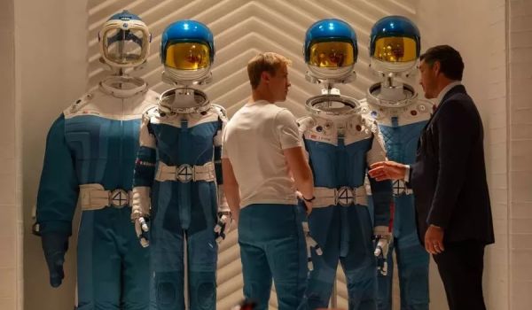 Movie still of Joseph Quinn as Johnny Storm / Human Torch and Pedro Pascal as Reed Richards / Mister Fantastic in Marvel Studios' The Fantastic Four: First Steps (2025)