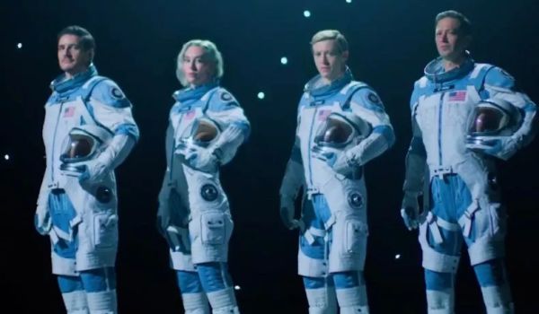 Movie still of Pedro Pascal as Reed Richards / Mister Fantastic and Vanessa Kirby as Sue Storm / Invisible Woman and Joseph Quinn as Johnny Storm / Human Torch, and Ebon Moss-Bachrach as Ben Grimm / Thing in Marvel Studios' The Fantastic Four: First Steps (2025)