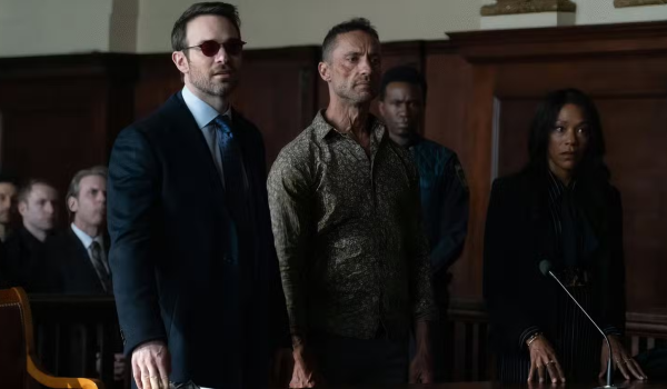 Television still of Charlie Cox as Matt Murdock/Daredevil, Kamar de los Reyes as Hector Ayala / White Tiger, Nikki M. James as Kirsten Mcduffie in the Marvel Television Daredevil: Born Again episode "The Hollow of His Hand"