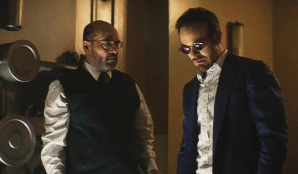 Television still of Charlie Cox as Matt Murdock/Daredevil and Mohan Kapur as Yusuf Khan in the Marvel Television Daredevil: Born Again episode "With Interest"