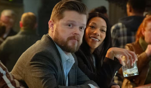 Television still of Elden Henson as Franklin "Foggy" Nelson and Nikki M. James as Kirsten Mcduffie in the Marvel Television Daredevil: Born Again episode "Heaven's Half Hour"