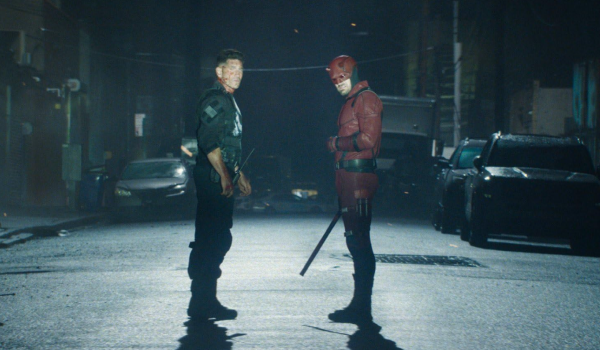 Television still of Jon Bernthal as Frank Castle / The Punisher and Charlie Cox as Matt Murdock/Daredevil in the Marvel Television Daredevil: Born Again episode "Straight to Hell"