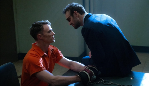 Television still of Wilson Bethel as Benjamin Poindexter/Bullseye and Charlie Cox as Matt Murdock/Daredevil in the Marvel Television Daredevil: Born Again episode "Isle of Joy"