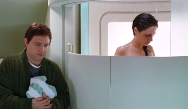 Movie still of Martin Freeman as Arthur Dent and Zooey Deschanel as Trillian shower in The Hitchhiker's Guide to the Galaxy (2005)