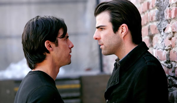 Television still of Milo Ventimiglia as Peter Petrelli and Zachary Quinto as Sylar in Heroes