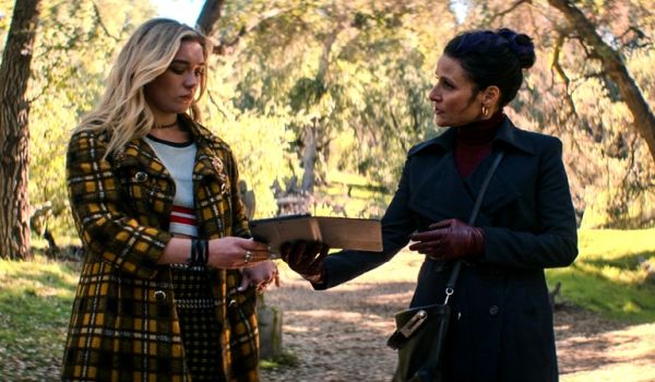 Movie still of Florence Pugh as Yelena Belova and Julia Louis-Dreyfus as Valentina Allegra de Fontaine in Marvel Studios' Black Widow (2021)