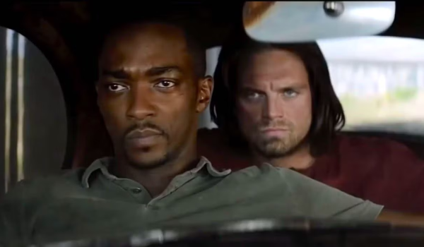 Movie still of Sebastian Stan as Bucky Barnes / Winter Soldier and Anthony Mackie as Sam Wilson / Falcon in Marvel Studios' Captain America: Civil War (2016)