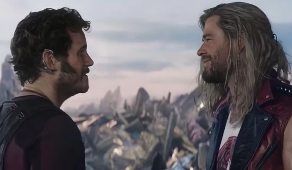 Movie still of Chris Hemsworth as Thor and Chris Pratt as Peter Quill / Star-Lord in Marvel Studios' Thor: Love and Thunder (2022)