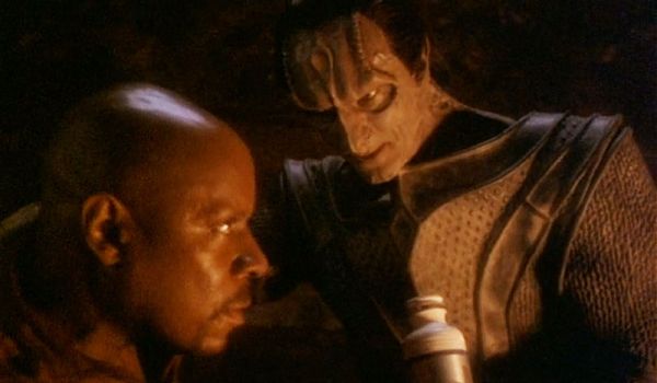 Television still of Marc Alaimo as Gul Dukat and Avery Brooks as Captain Benjamin 'Ben' Sisko in the Star Trek: Deep Space Nine episode Waltz