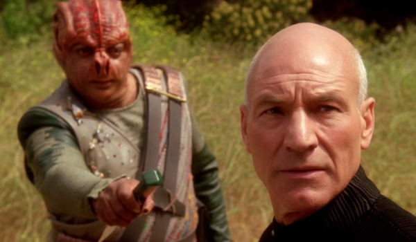 Television still of Patrick Stewart as Captain Jean-Luc Picard and Paul Winfield as Capt. Dathon in the Star Trek: The Next Generation episode "Darmok"