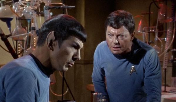 Television still of Leonard Nimoy as Mister Spock and DeForest Kelley as Dr. Leonard Bones McCoy in Star Trek: The Original Series