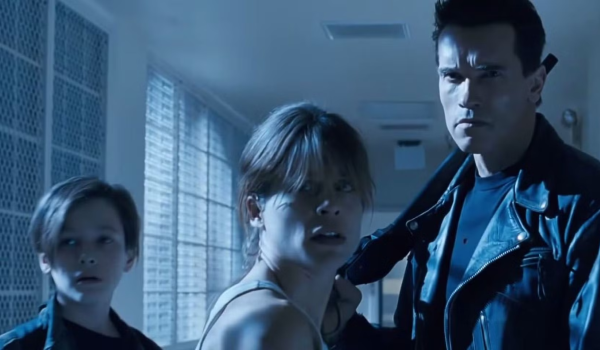 Movie still of Edward Furlong as John Connor and Linda Hamilton as Sarah Connor and Arnold Schwarzenegger as The Terminator in Terminator 2: Judgment Day (1991)