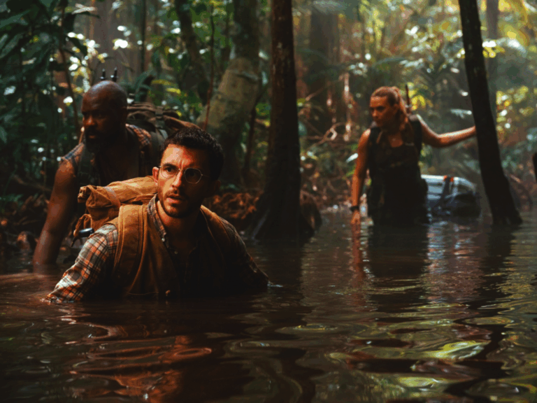 Movie still of Bechir Sylvain as LeClerc and Jonathan Bailey as Dr. Henry Loomis and Scarlett Johansson as Zora Bennett in Jurassic World Rebirth (2025)