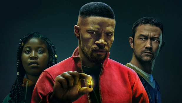 Movie still of Dominique Fishback as Robin and Jamie Foxx as Art and Joseph Gordon-Levitt as Frank in Project Power (2020)