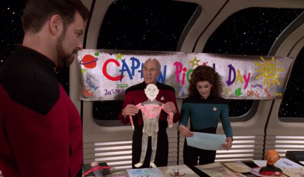 Television still of Jonathan Frakes as Commander William Thomas 'Will' Riker, Patrick Stewart as Captain Jean-Luc Picard, Marina Sirtis as Counselor Deanna Troi in the Star Trek: The Next Generation episode The Pegasus