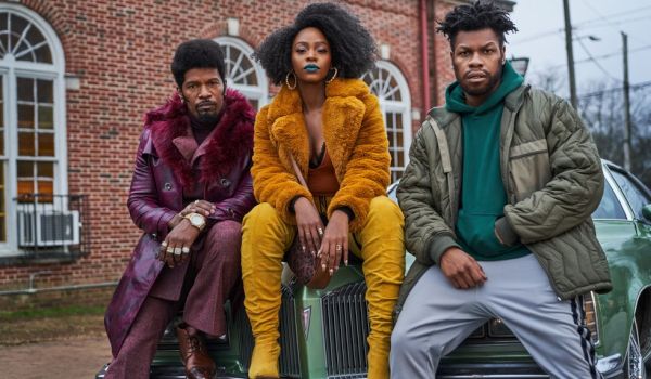 Movie still of Jamie Foxx as Slick Charles and Teyonah Parris as Yo-Yo and John Boyega as Fontaine in They Cloned Tyrone (2023)