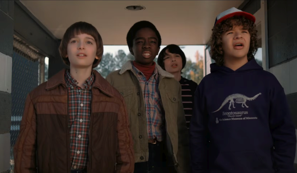 Television still of Noah Schnapp as Wil Byers, Caleb McLaughlin as Lucas Sinclair, Finn Wolfhard as Mike Wheeler, Joe Keery as Steve Harrington in Stranger Things