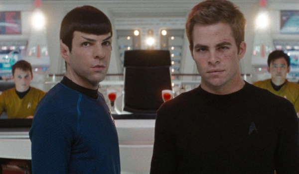Movie still of Zachary Quinto as Spock, and Chris Pine as James T. Kirk in the sci-fi movie Star Trek (2009)