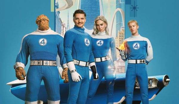 Movie still of Ebon Moss-Bachrach as Ben Grimm/The Thing, Pedro Pascal as Reed Richards/Mister Fantastic, Vanessa Kirby as Sue Storm/Invisible Woman, and Joseph Quinn as Johnny Storm/Human Torch in the sci-fi movie The Fantastic Four: First Steps (2025)