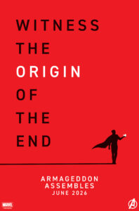 Promotional poster for Marvel's Armageddon with the tagline "The Origin of the End"