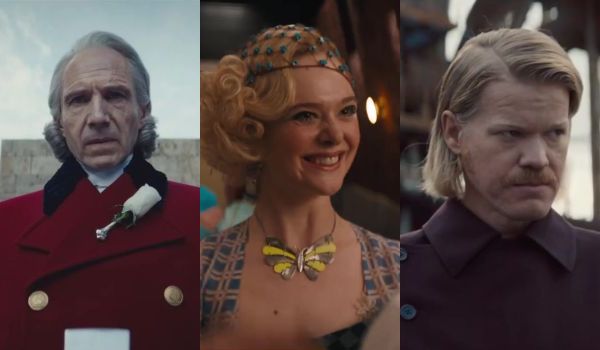 Movie still of Ralph Fiennes as President Snow, Elle Fanning as Effie Trinket, and Jesse Plemons as Plutarch Heavensbee in the sci-fi movie The Hunger Games: Sunrise on the Reaping (2026)