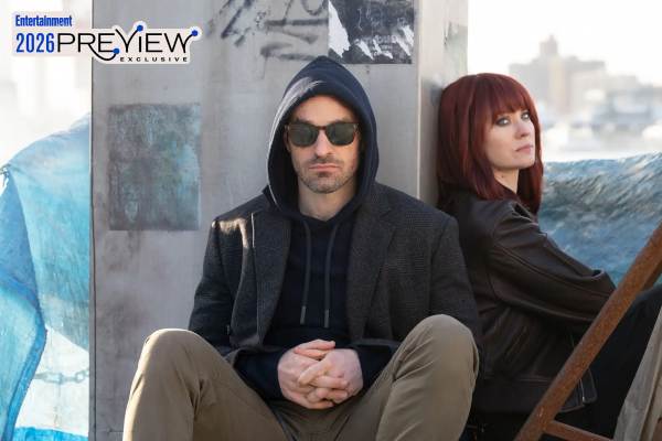 Television still of Charlie Cox as Matt Murdock/Daredevil, Deborah Ann Woll as Karen Page in the sci-fi show Daredevil: Born Again