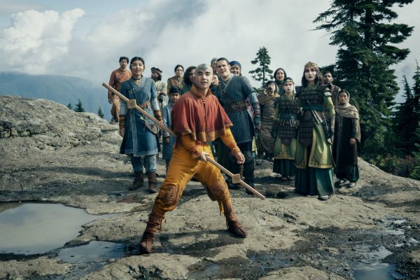 Television still of Kiawentiio as Katara, Ian Ousley as Sokka, Gordon Cormier as Aang, Miya Cech as Toph in the Avatar: The Last Airbender