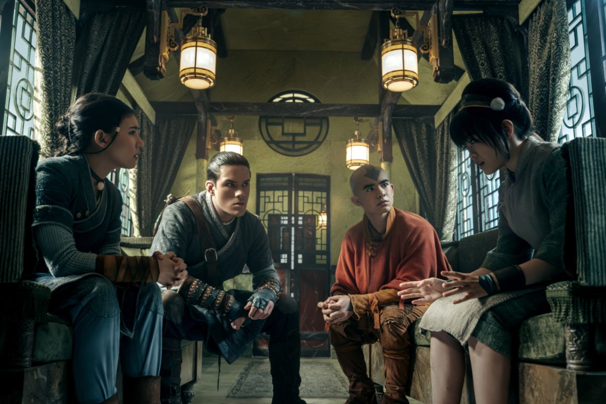Television still of Kiawentiio as Katara, Ian Ousley as Sokka, Gordon Cormier as Aang, Miya Cech as Toph in the Avatar: The Last Airbender