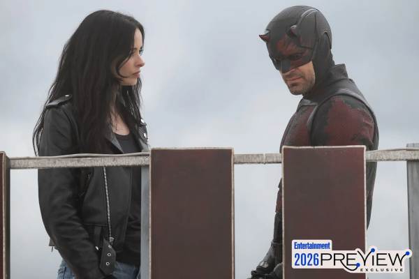 Television still of Krysten Ritter as Jessica Jones, Charlie Cox as Matt Murdock/Daredevil in the sci-fi show Daredevil: Born Again