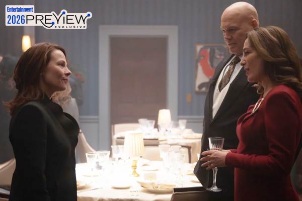 Television still of Lili Taylor as Governor Marge McCaffrey, Vincent D'Onofrio as Wilson Fisk, Ayelet Zurer as Vanessa Fisk in the sci-fi show Daredevil: Born Again