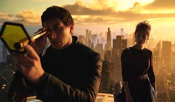 Movie still of Adam Driver as Cesar Catilina, and Nathalie Emmanuel as Julia Cicero  in the sci-fi movie Megalopolis (2024)