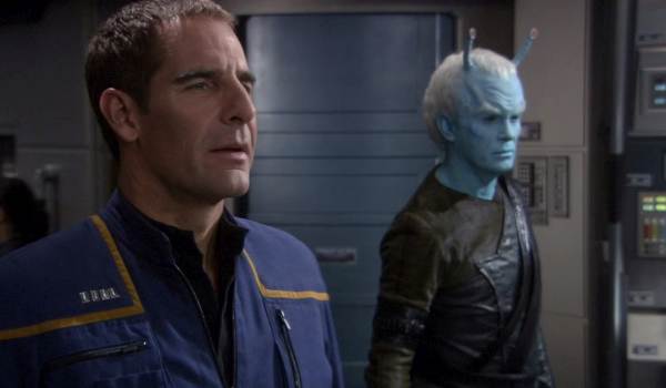 Television still of Scott Bakula as Capt. Jonathan Archer, Jeffrey Combs as Shran in the Star Trek: Enterprise episode "Bable One"