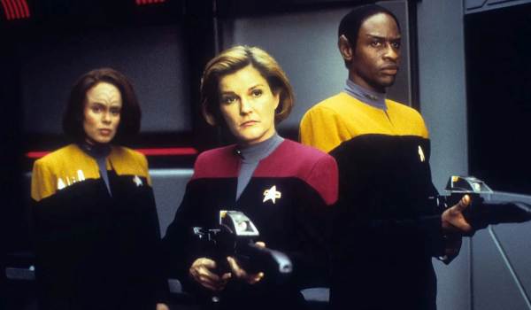 Television still of Kate Mulgrew as Capt. Kathryn Janeway, Roxann Dawson as B'Elanna Torres, Tim Russ as Tuvok in Star Trek: Voyager