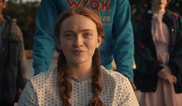 Television still of Linnea Berthelsen as Eight/Kali, Caleb McLaughlin as Lucas Sinclair, Sadie Sink as Max Mayfield, Amybeth McNulty as Vickie in the sci-fi show Stranger Things episode "Chapter Seven: The Bridge"