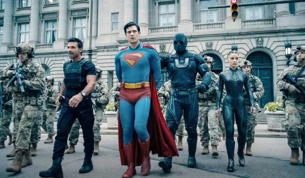 Movie still of Frank Grillo as Rick Flag Sr., David Corenswet as Clark Kent / Superman, and María Gabriela de Faría as Angela Spica / The Engineer in the sci-fi movie Superman (2025)