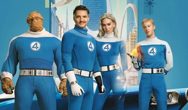 Movie still of Ebon Moss-Bachrach as Ben Grimm/The Thing, Pedro Pascal as Reed Richards/Mister Fantastic, Vanessa Kirby as Sue Storm/Invisible Woman, and Joseph Quinn as Johnny Storm/Human Torch in the sci-fi movie The Fantastic Four: First Steps (2025)