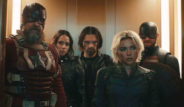 Movie still of David Harbour as Alexei Shostakov / Red Guardian, Hannah John-Kamen as Ava Starr / Ghost, Sebastian Stan as Bucky Barnes, Florence Pugh as Yelena Belova, and Wyatt Russell as John Walker / US Agent in the sci-fi movie Thunderbolts* (2025)