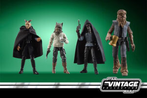 Photo of the Star Wars Action Figures Mos Eisley Cantina 4-Pack featuring Labria, Garindan, Chalmun, and Arleil Schous