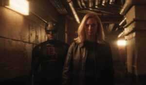Television still of Charlie Cox as Matt Murdock/Daredevil, Deborah Ann Woll as Karen Page in the sci-fi show Daredevil: Born Again
