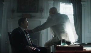 Television still of Michael Gandolfini as Daniel Blake, Vincent D'Onofrio as Wilson Fisk in the sci-fi show Daredevil: Born Again