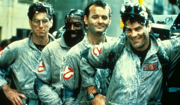 Movie still of Harold Ramis as Dr. Egon Spengler, Ernie Hudson as Winston Zeddmore, Bill Murray as Dr. Peter Venkman, and Dan Aykroyd as Dr. Raymond Stantz in the sci-fi movie Ghostbusters (1984)